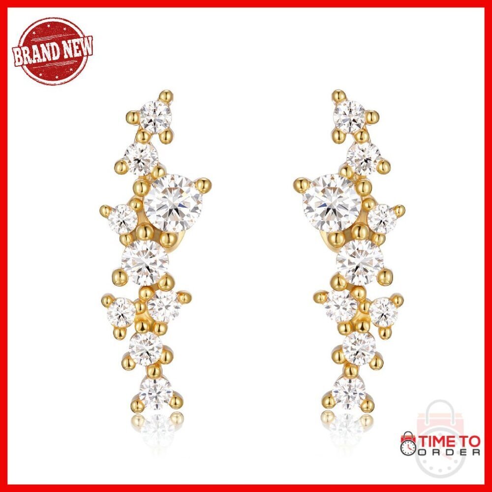 925 Sterling Silver Moissanite Climber Stud Earrings 18K White Gold Plated